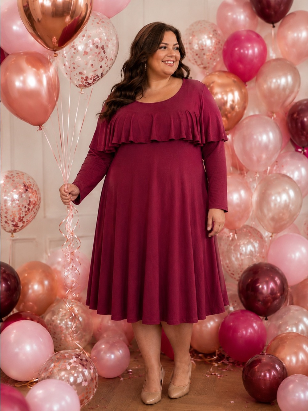 Eloquii Plus Size 28 Magenta Ruffle Neck Midi Swing Dress